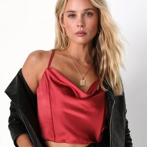 Lulus Spaghetti straps blouse Satin Cowl Neck top in rust size L